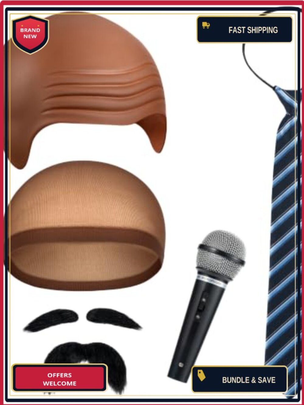 6PCS Adult Halloween Costume Set Bald Cap Tie Microphone Cosplay
